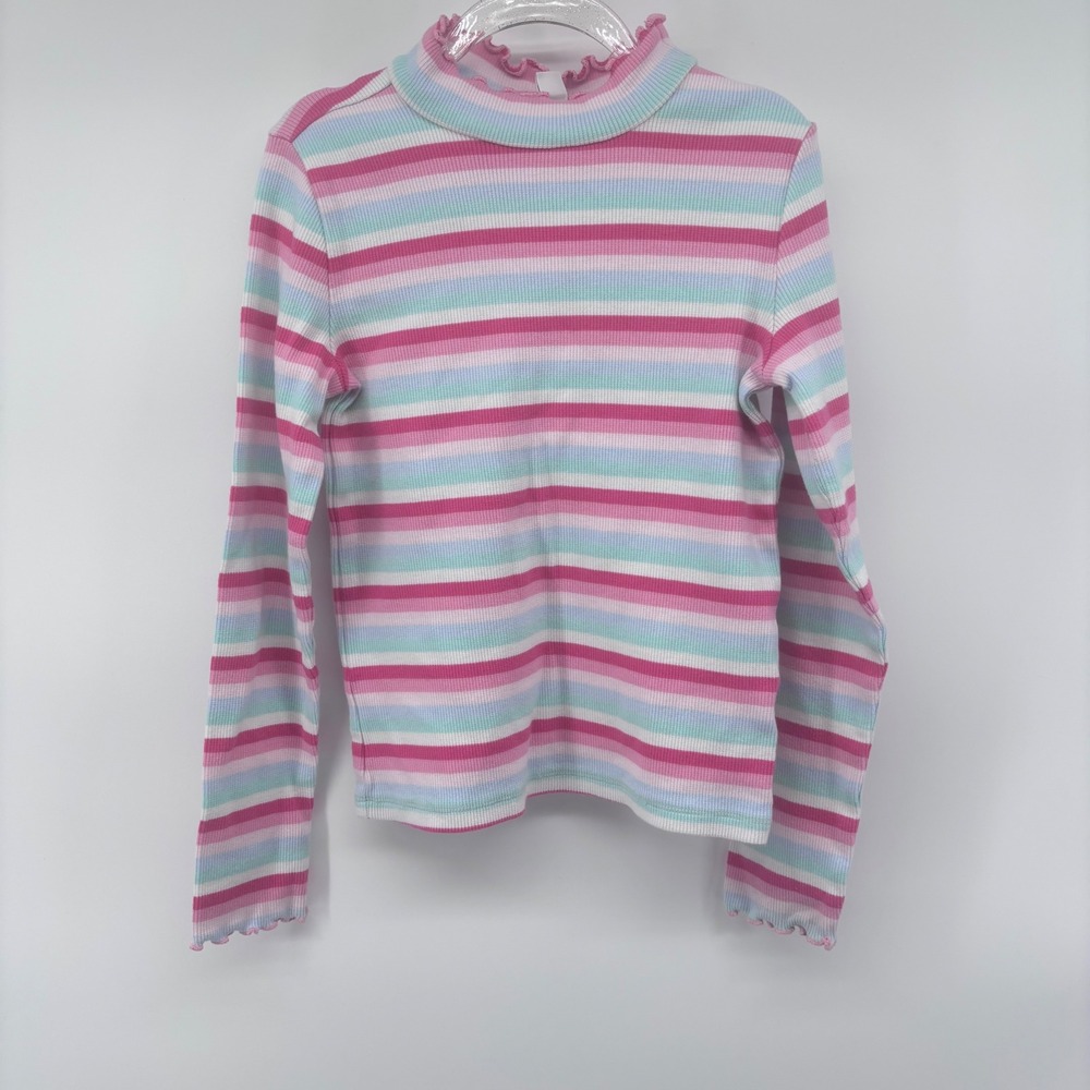 Janie & Jack Striped Mock Neck Top Pink Blue White Ruffle Long Sleeve Shirt 8‎